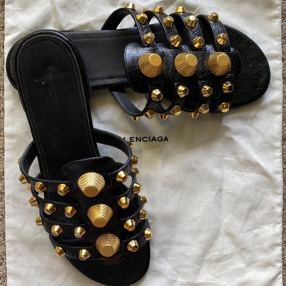 Balenciaga black with gold sandals